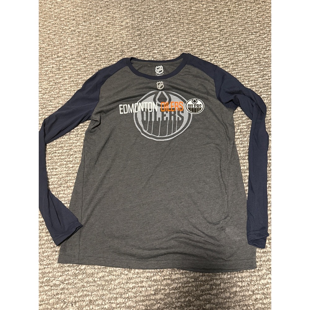 NHL Edmonton Oilers Womens Long Sleeve Raglan T-Shirt Grey Navy Blue Large 14/16